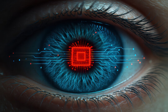 Insight and innovation converge as a detailed human iris with blue-green textures centers a glowing red microchip symbolizing advanced technology and precision - Powered by Adobe