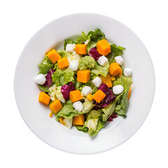 plate of salad with baked pumpkin and cream cheese isolated on transparent background, top view