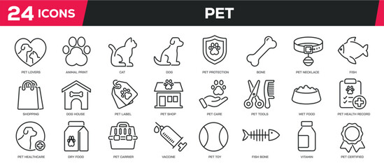 Set of collection line icons related pet, animal, dog, cat. Editable stroke. Perfect pixel on transparent background