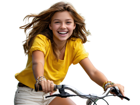 Joyful Cycle: A young woman with flowing hair beams with uncontainable joy as she pedals her bicycle. A picture perfect image of carefree fun, fresh air, and radiant smile. - Powered by Adobe