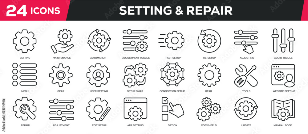 Poster set of collection line icons related setting, configuration, repair, setup. editable stroke. perfect