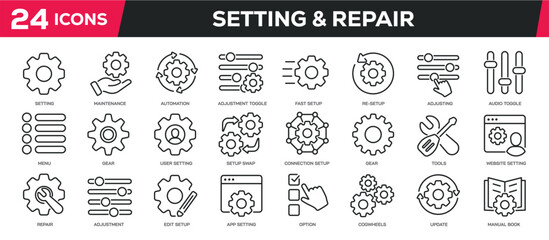 Set of collection line icons related setting, configuration, repair, setup. Editable stroke. Perfect pixel on transparent background