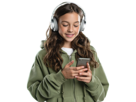 Harmony in Sound: A young girl with a delightful smile immerses herself in the world of music, wearing headphones and engrossed in her phone, a portrait of pure enjoyment and modern connection.