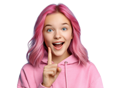 Inspiration and Elation: A captivating portrait of a cheerful young woman with vibrant pink hair, she raises her index finger in a moment of insight or excitement. Capturing expressions of delight.