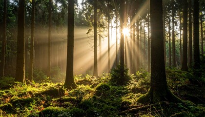 Sunlight streams through a misty forest