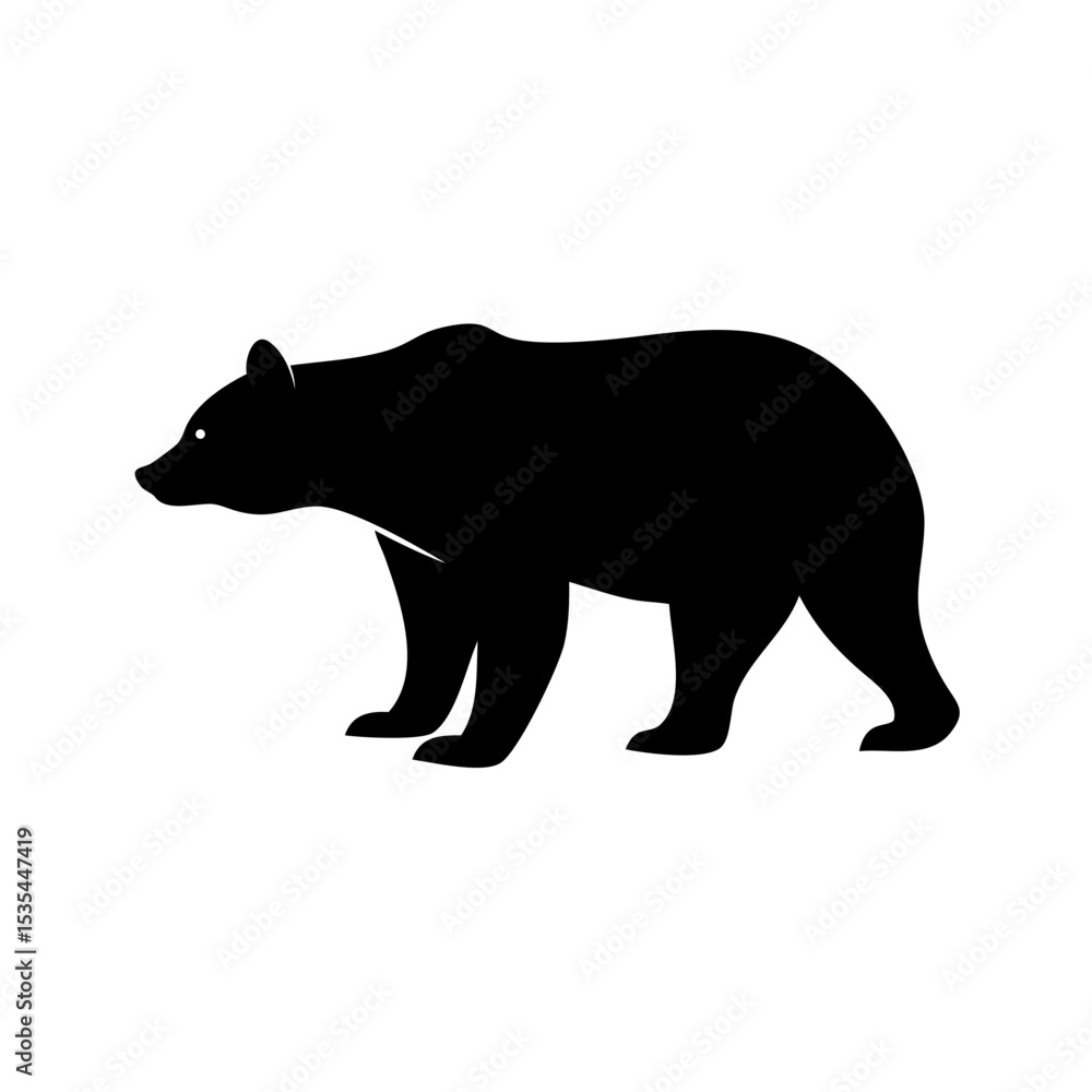 Poster silhouette of a bear standing on a white background with a smooth black fill and a visible eye detai