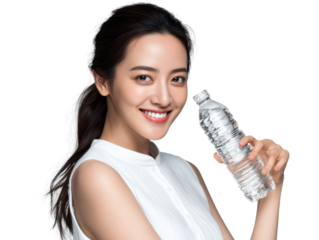 Fresh Hydration and Radiant Beauty: A woman, showcasing effortless elegance, gazes serenely, holding a refreshing bottle of pure water, exuding a picture of natural vitality and glowing skin.