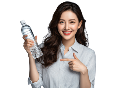 Healthy Hydration: An attractive individual showcases a clear bottle of refreshing water, radiating health and vitality with a bright smile and a gesture of endorsement. - Powered by Adobe