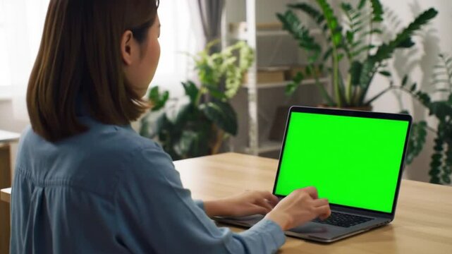 8k wallpaper featuring a woman working on laptop with vibrant green screen, ideal for creative projects, web design, and digital marketing. - Powered by Adobe