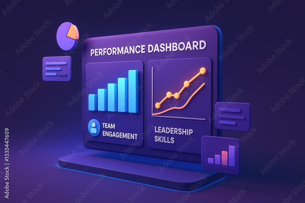 Poster 3d performance dashboard showing team engagement and leadership skills metrics in modern design
