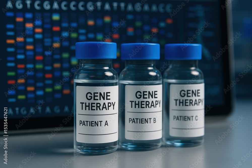 Poster gene therapy vials on laboratory counter in front of dna sequence chart display