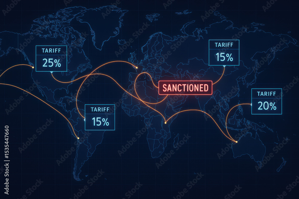 Poster global trade map with tariff rates and sanctions highlighted over a world map background