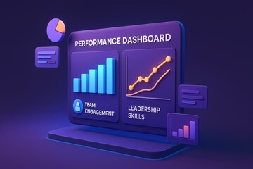 3D Performance Dashboard Showing Team Engagement and Leadership Skills Metrics in Modern Design