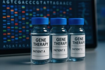 Gene Therapy Vials on Laboratory Counter in Front of DNA Sequence Chart Display