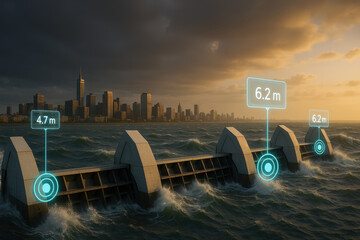 Coastal Infrastructure Under Stormy Sky, Water Levels Marked, City Skyline in Background