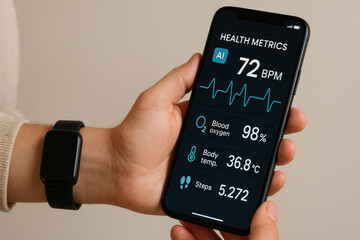 Person Holding Smartphone Displaying Health Metrics and Smartwatch on Wrist
