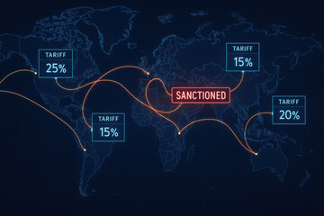 Global Trade Map with Tariff Rates and Sanctions Highlighted Over a World Map Background