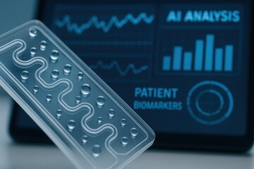 Advanced Medical Technology Display with Liquid Biopsy Chip and Data Visualization Interface