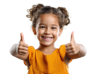 Joyful Thumbs Up: A beaming young girl with curly hair flashes a vibrant smile, her hands raised in a gesture of positivity.  Capturing her joyful demeanor and enthusiastic approval.