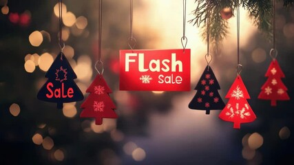 Festive holiday flash sale with hanging christmas ornaments and bokeh lights concept of flash sale - Powered by Adobe