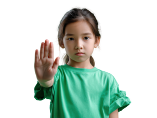 Stop Gesture: A young girl stands firm, extending her hand in a clear signal to halt, her expression a mix of resolve and conviction.