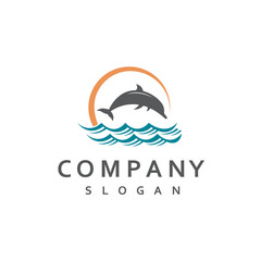 emblem of dolphin, sun and sea waves isolated on white background