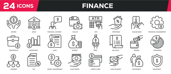 Set of collection line icons related personal finance, economy, money, income. Editable stroke. Perfect pixel on transparent background