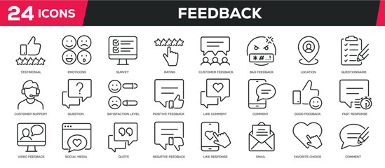 Set of collection line icons related testimonial, feedback, review, satisfaction. Editable stroke. Perfect pixel on transparent background