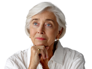 Portrait of Contemplation: An elegant elderly woman is deep in thought, her serene expression and gentle gaze reflecting wisdom, experience, and quiet contemplation.