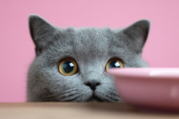 A grey cat peers over a light brown surface with a pink background and a pink dish to the right