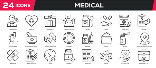 Set of collection line icons related pharmacy, healthcare, medicine, drug. Editable stroke. Perfect pixel on transparent background