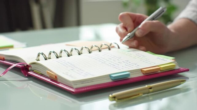 Person writing in planner with colorful tabs on a glass table  