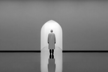 Individual dressed in a long coat stands alone in a white corridor, contemplating the simplicity of the space around them