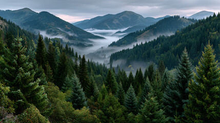 Early morning mist in the mountains with soft sun, trees and fog, forest landscape