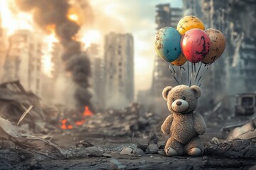 Kids, a teddy bear with balloons. The city is burned after a war. There is destruction and smoke from fire. It is like a world war. But the children are innocent.