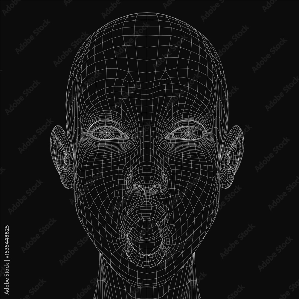 Poster 3d wireframe of a female head with a detailed grid pattern, resembling a realistic face on a dark ba
