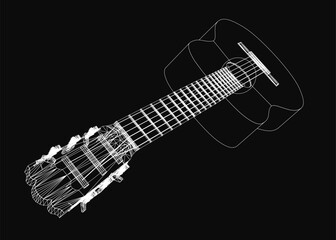 Acoustic guitar rendered in a detailed black and white wireframe style, showcasing realistic contours and strings against a dark background. The minimalist design highlights the instrument's elegant.
