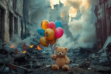 Kids, a teddy bear with balloons. The city is burned after a war. There is destruction and smoke from fire. It is like a world war. But the children are innocent.