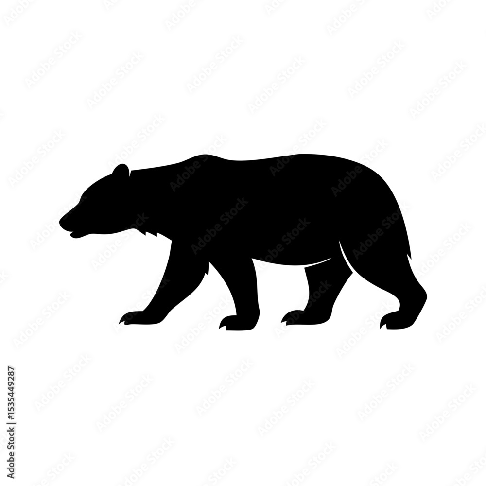 Poster silhouette of a bear walking to the left with its head down and legs in motion on a white background
