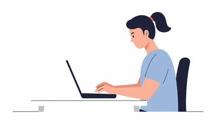 Woman Working on Laptop at Desk, Profile View, Ponytail, Illustration Style.