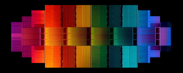 Rainbow reflection of a Semiconductor or electronics processor wafer circuit pattern microscope imaging, surface background. Abstract microprocessor. Hi-tech processing industry concept background. 