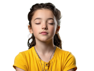 Serene Young Girl in Contemplation: A young girl with eyes gently closed exudes tranquility and introspection, her peaceful demeanor conveying a sense of inner peace.