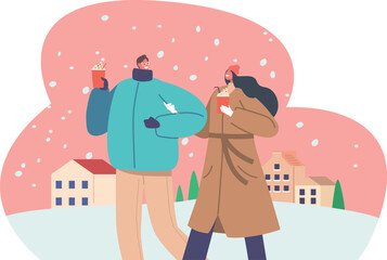 Loving couple walking snowy street