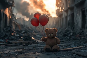 Kids, a teddy bear with balloons. The city is burned after a war. There is destruction and smoke from fire. It is like a world war. But the children are innocent.
