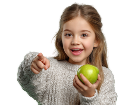 Cheerful Girl's Apple: A radiant girl, with a vibrant green apple in hand, points excitedly towards the future. This captures the innocence and the healthy choice with this photorealistic image.
