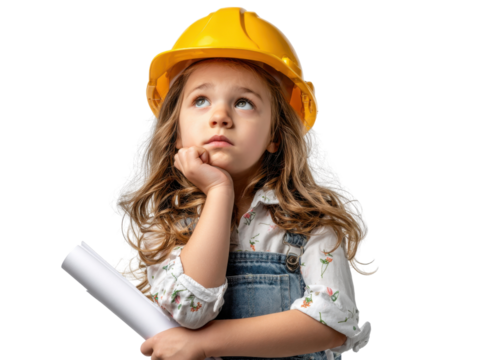 Dreamer with Blueprints: A young girl, adorned with a yellow hard hat, gazes upwards with a look of deep contemplation. Holding a rolled blueprint, she envisions a bright future.
