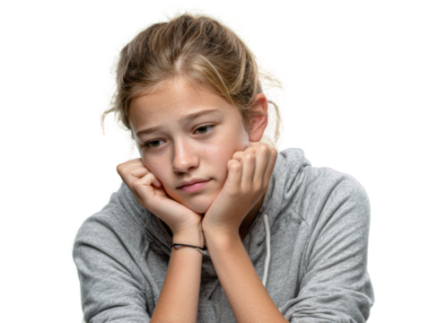 Misty-Eyed Contemplation: A young girl's thoughtful expression as she rests her chin in her hands, gazing down in a moment of introspection. She appears to be lost in quiet, pensive reflection