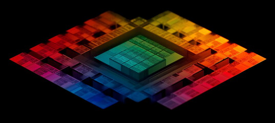Rainbow reflection of a Semiconductor or electronics processor wafer circuit pattern microscope imaging, surface background. Abstract microprocessor. Hi-tech processing industry concept background. 