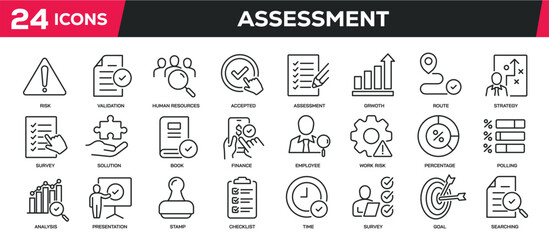 Set of collection line icons related assessment, compliance, analysis, evaluation. Editable stroke. Perfect pixel on transparent background