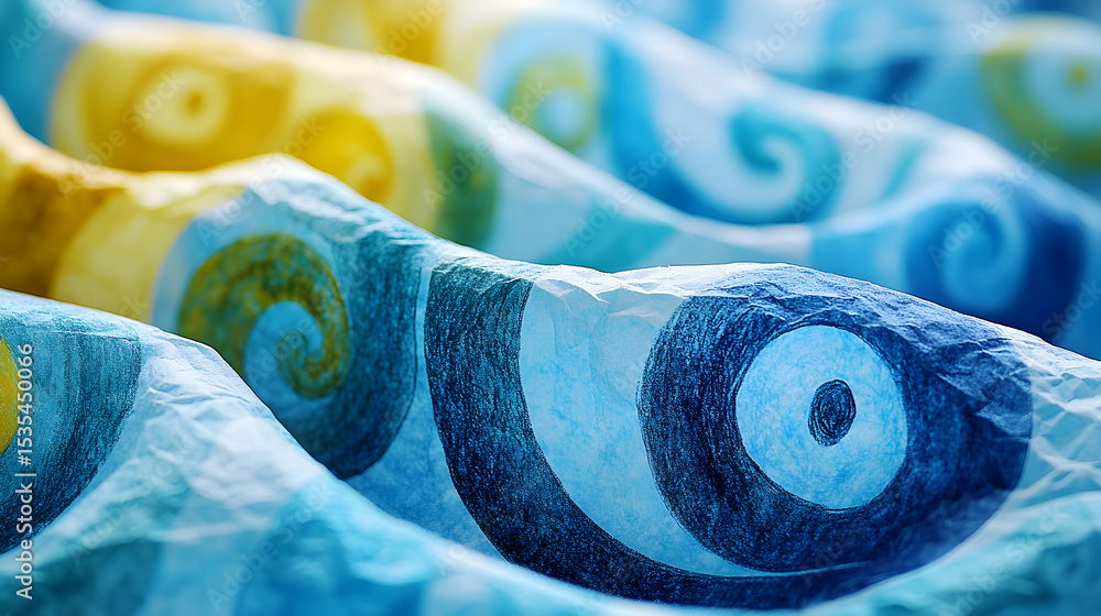 Poster abstract close-up of textured blue and yellow paper with swirling patterns, creating a dynamic and a